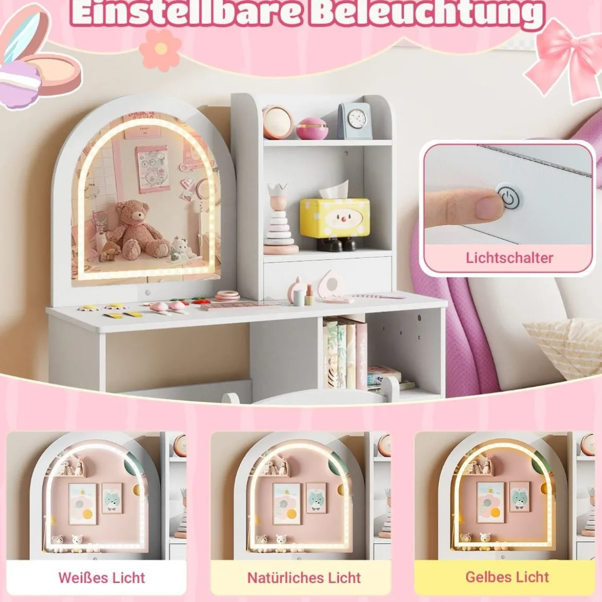 2 in 1 Kinder Schminktisch mit Beleuchtung Holz Frisiertisch mit Schubladen & Zubehör Weiß