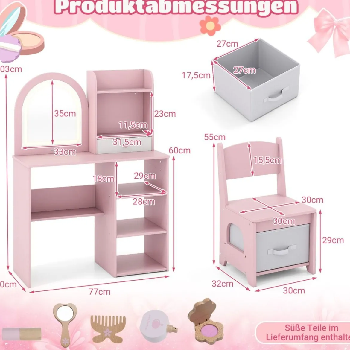 2 in 1 Kinder Schminktisch mit Beleuchtung Holz Frisiertisch mit Schubladen & Zubehör Rosa