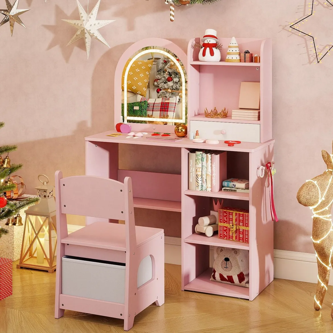 2 in 1 Kinder Schminktisch mit Beleuchtung Holz Frisiertisch mit Schubladen & Zubehör Rosa