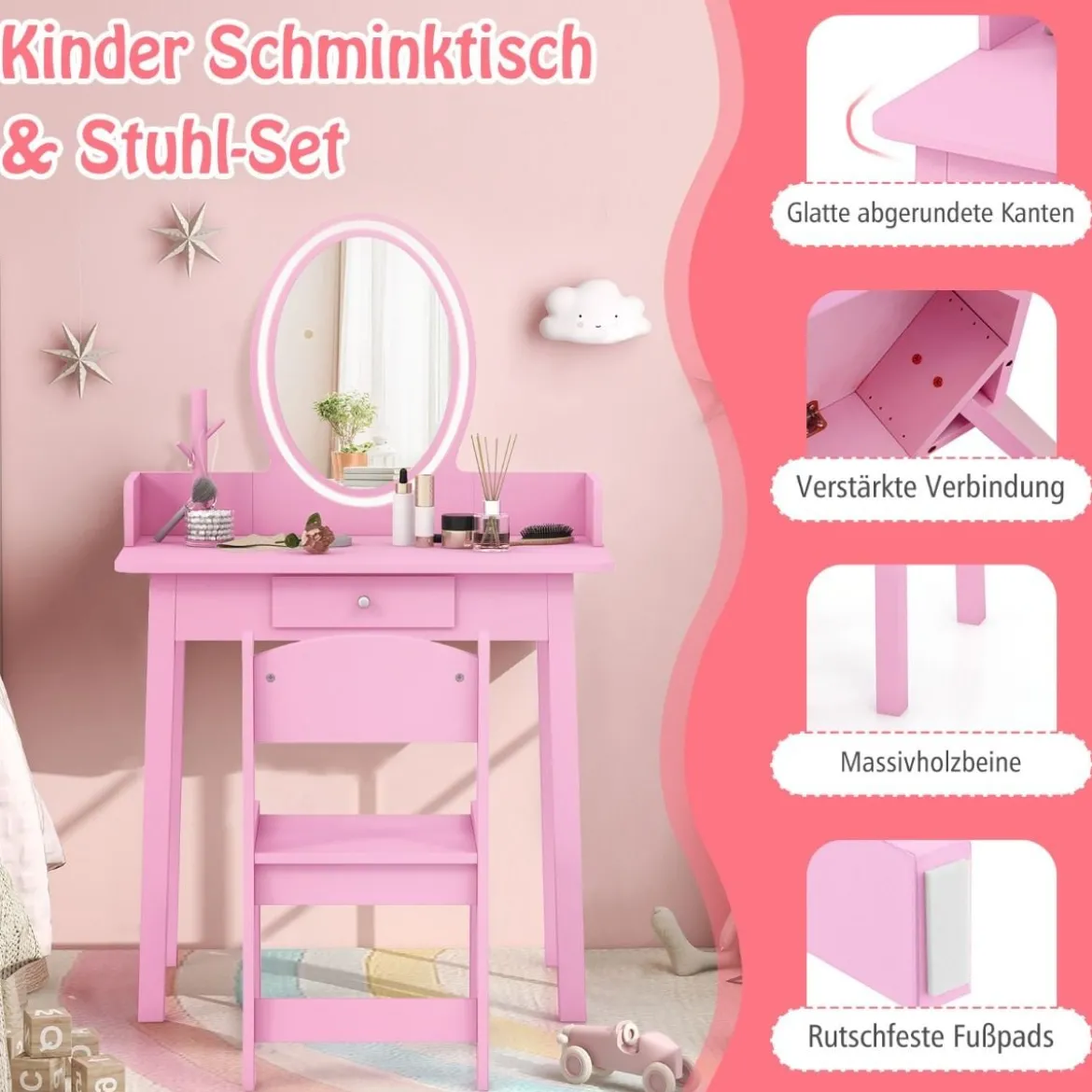 2 in 1 Kinder Schminktisch mit Hocker Frisiertisch mit Beleuchtung Rosa/Weiß
