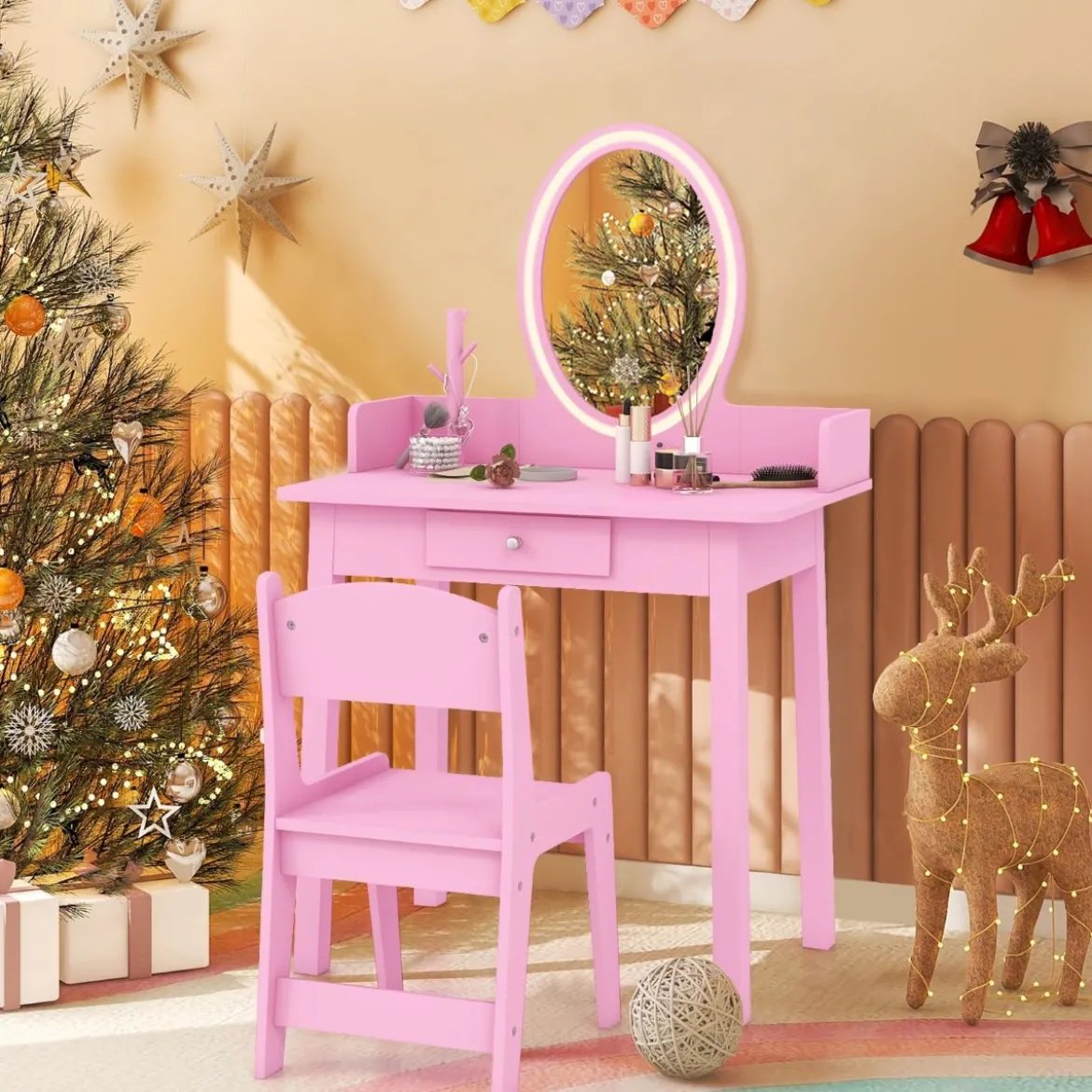 2 in 1 Kinder Schminktisch mit Hocker Frisiertisch mit Beleuchtung Rosa/Weiß