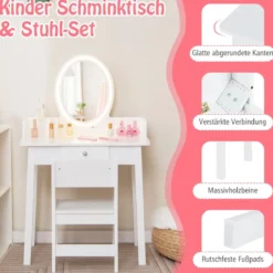 2 in 1 Kinder Schminktisch mit Hocker Frisiertisch mit Beleuchtung Rosa/Weiß