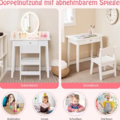2 in 1 Kinder Schminktisch mit Hocker Frisiertisch mit Beleuchtung Rosa/Weiß