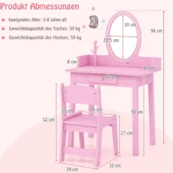 2 in 1 Kinder Schminktisch mit Hocker Frisiertisch mit Beleuchtung Rosa/Weiß