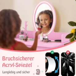 2 in 1 Kinder Schminktisch mit Hocker Frisiertisch mit Beleuchtung Rosa/Weiß