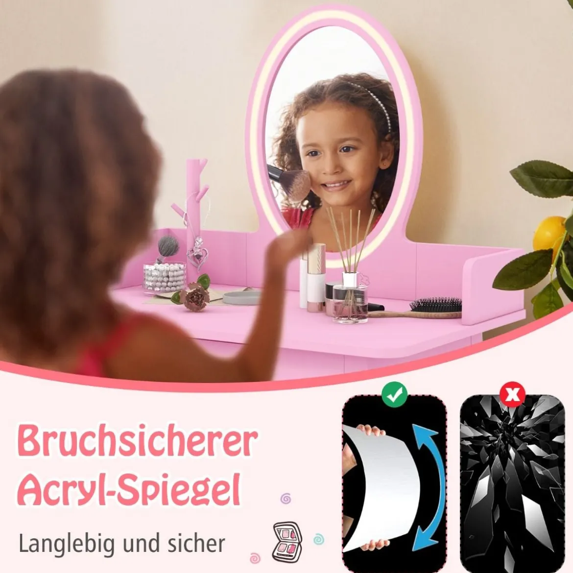 2 in 1 Kinder Schminktisch mit Hocker Frisiertisch mit Beleuchtung Rosa/Weiß