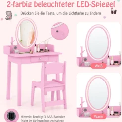 2 in 1 Kinder Schminktisch mit Hocker Frisiertisch mit Beleuchtung Rosa/Weiß
