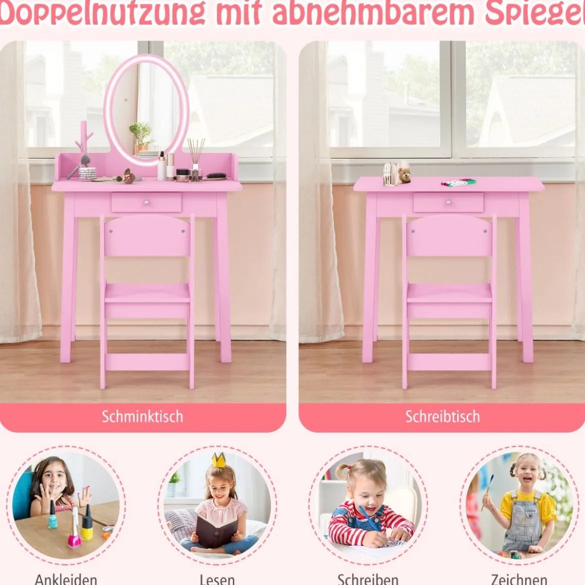 2 in 1 Kinder Schminktisch mit Hocker Frisiertisch mit Beleuchtung Rosa/Weiß