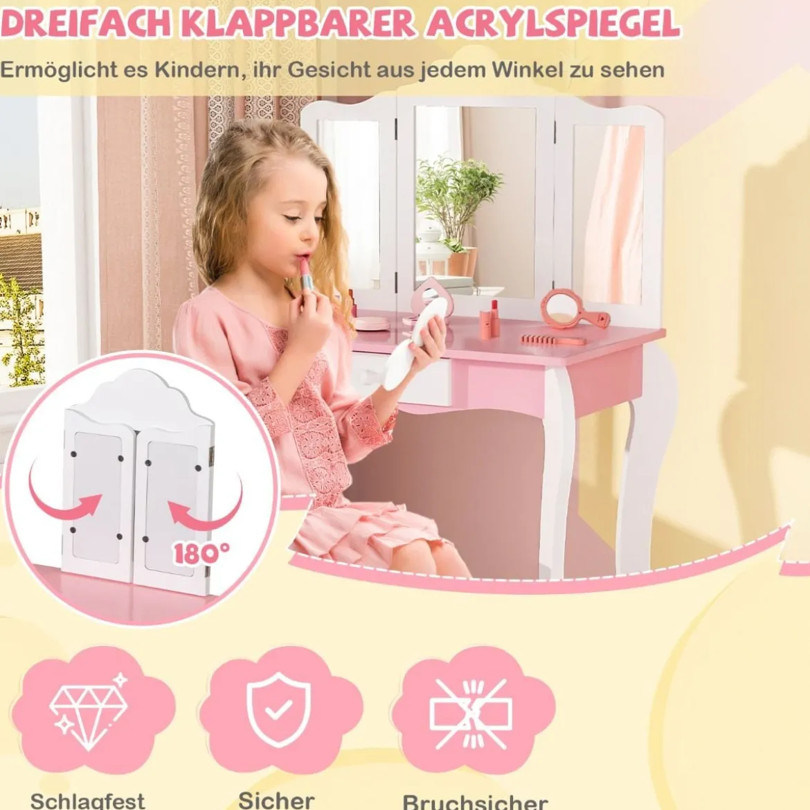 2 in 1 Kinder Schminktisch mit Hocker & 3-Fach Abnehmbarem Spiegel & Schublade Frisiertisch