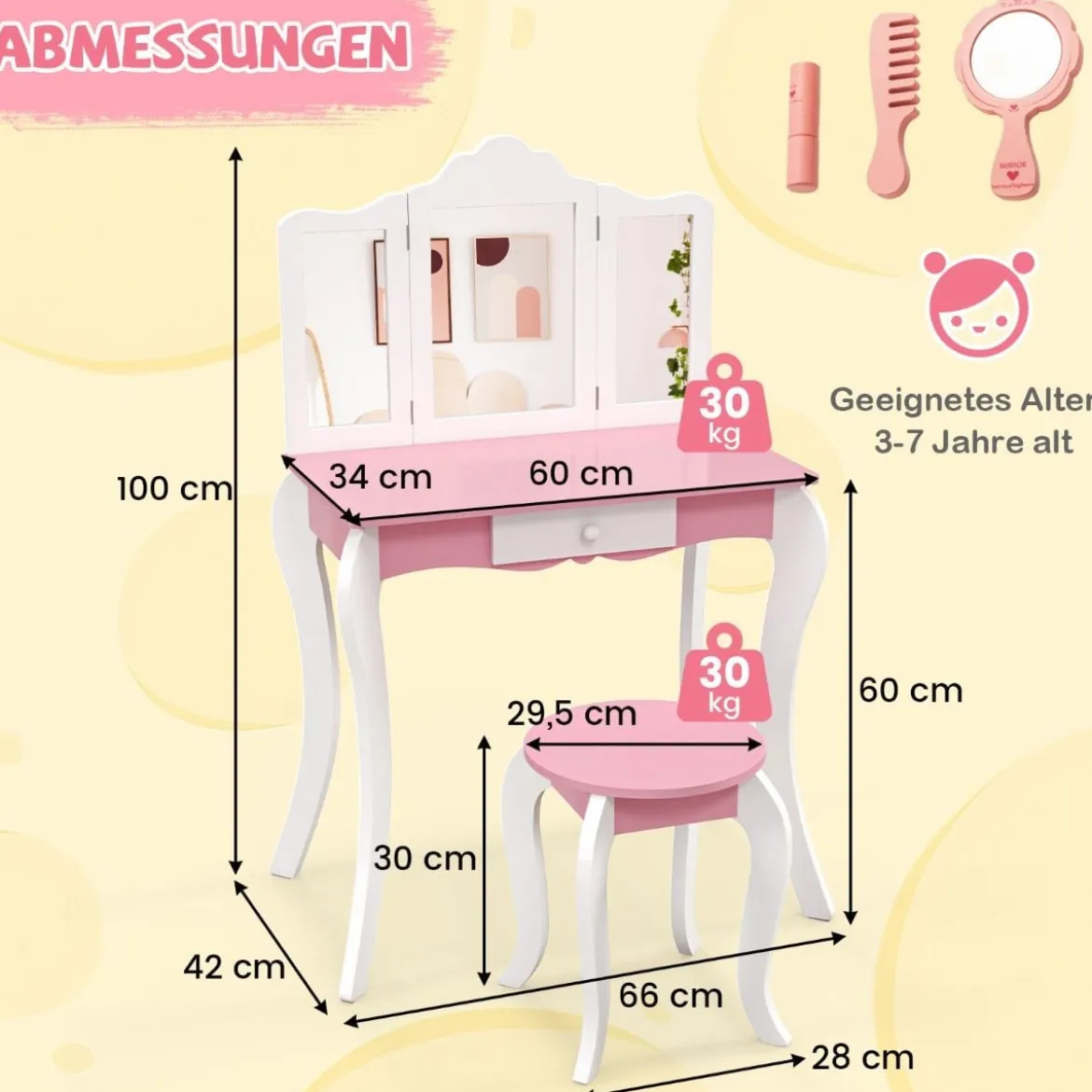 2 in 1 Kinder Schminktisch mit Hocker & 3-Fach Abnehmbarem Spiegel & Schublade Frisiertisch