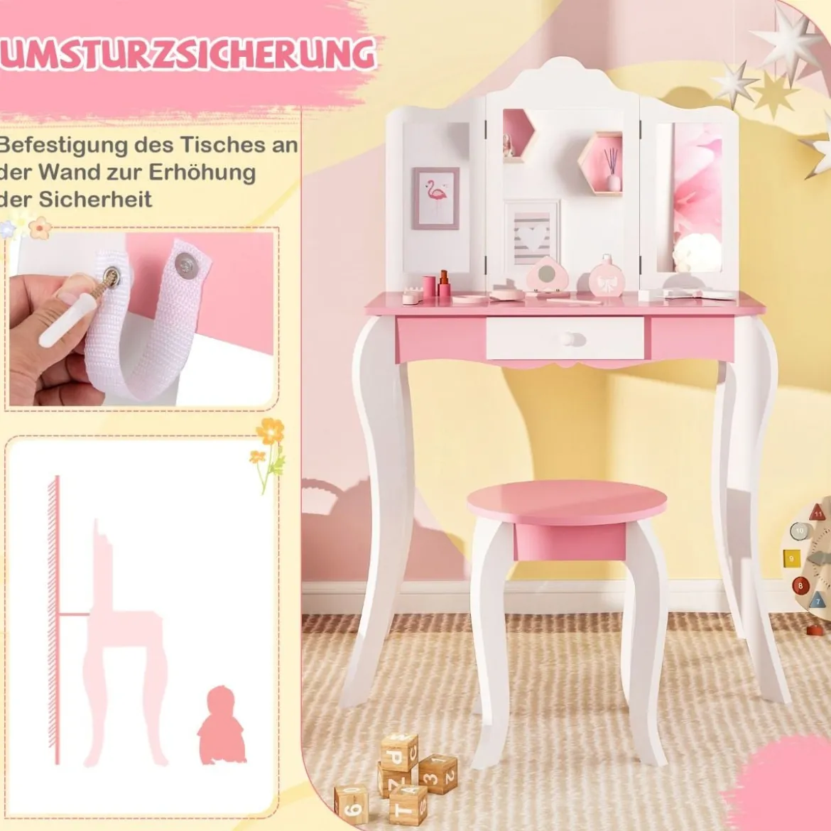 2 in 1 Kinder Schminktisch mit Hocker & 3-Fach Abnehmbarem Spiegel & Schublade Frisiertisch