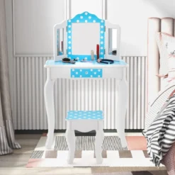 2 in 1 Kinder Schminktisch mit Hocker & Dreifach Klappbarem Spiegel & Schublade Punkt Blau