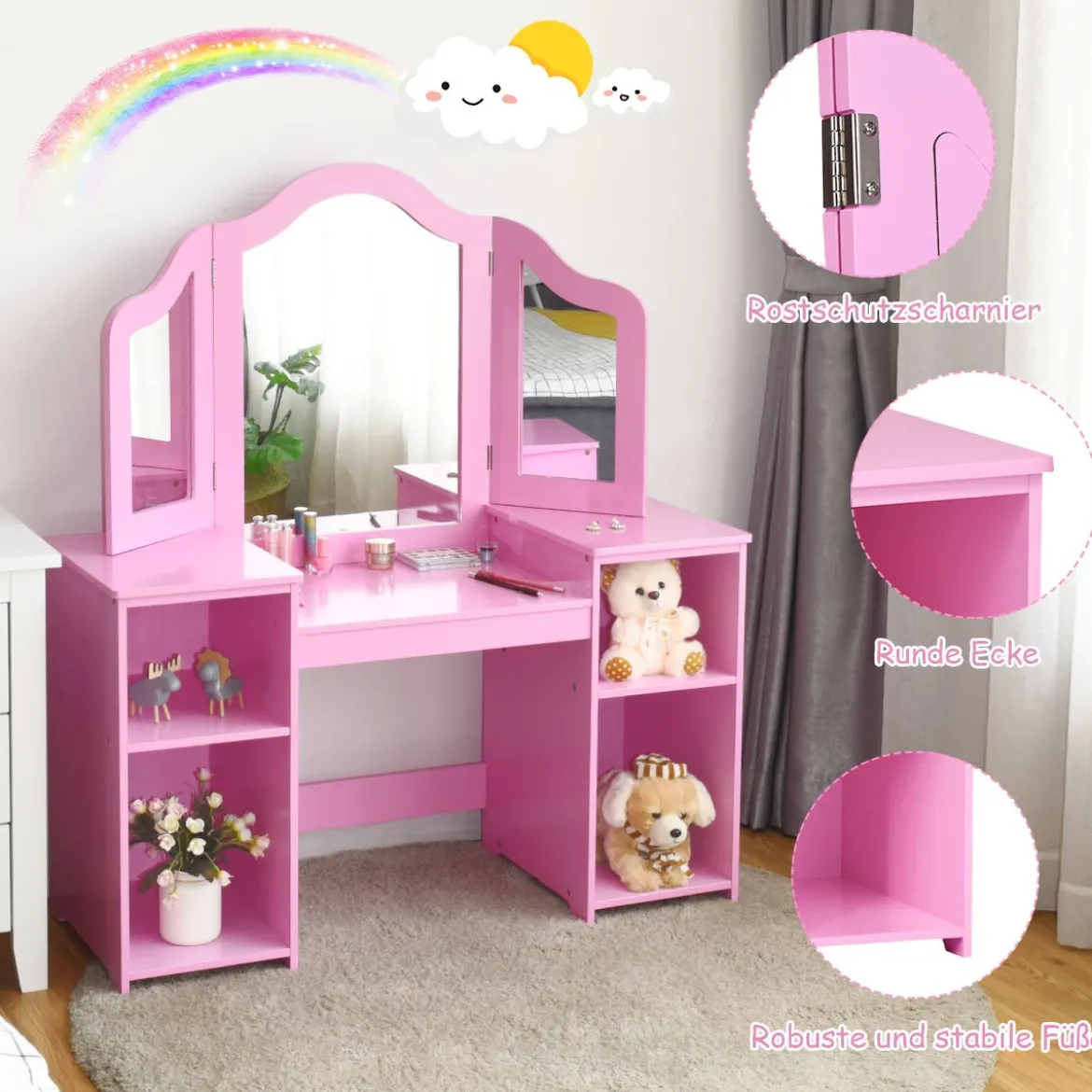 2 in 1 Kinder Schminktisch Schreibtisch mit spiegel 107 × 40 × 117 cm