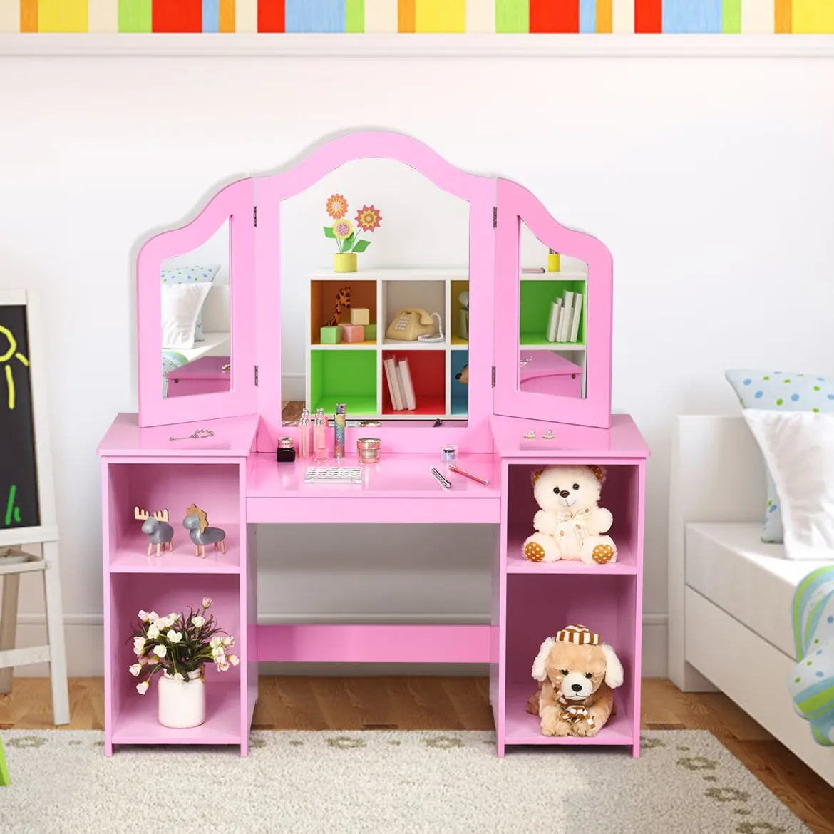 2 in 1 Kinder Schminktisch Schreibtisch mit spiegel 107 × 40 × 117 cm