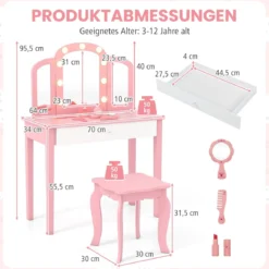 2 in 1 Kinder Schminktisch Set mit Abnehmbarem Spiegel & 3 Lichtfarben Makeup-Tisch Rosa