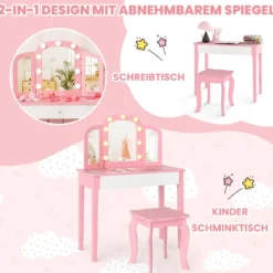 2 in 1 Kinder Schminktisch Set mit Abnehmbarem Spiegel & 3 Lichtfarben Makeup-Tisch Rosa