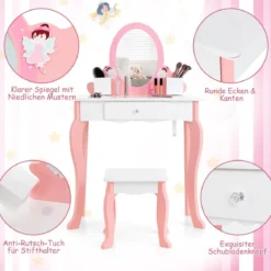 2-in-1-Kinder-Schminktisch-Set mit Spiegel Make-Up-Tisch 62 x 32 x 93 cm Rosa + Weiß