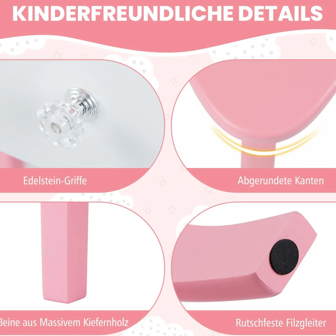 2 in 1 Kinder Schminktisch Set mit Abnehmbarem Spiegel & 3 Lichtfarben Makeup-Tisch Weiß