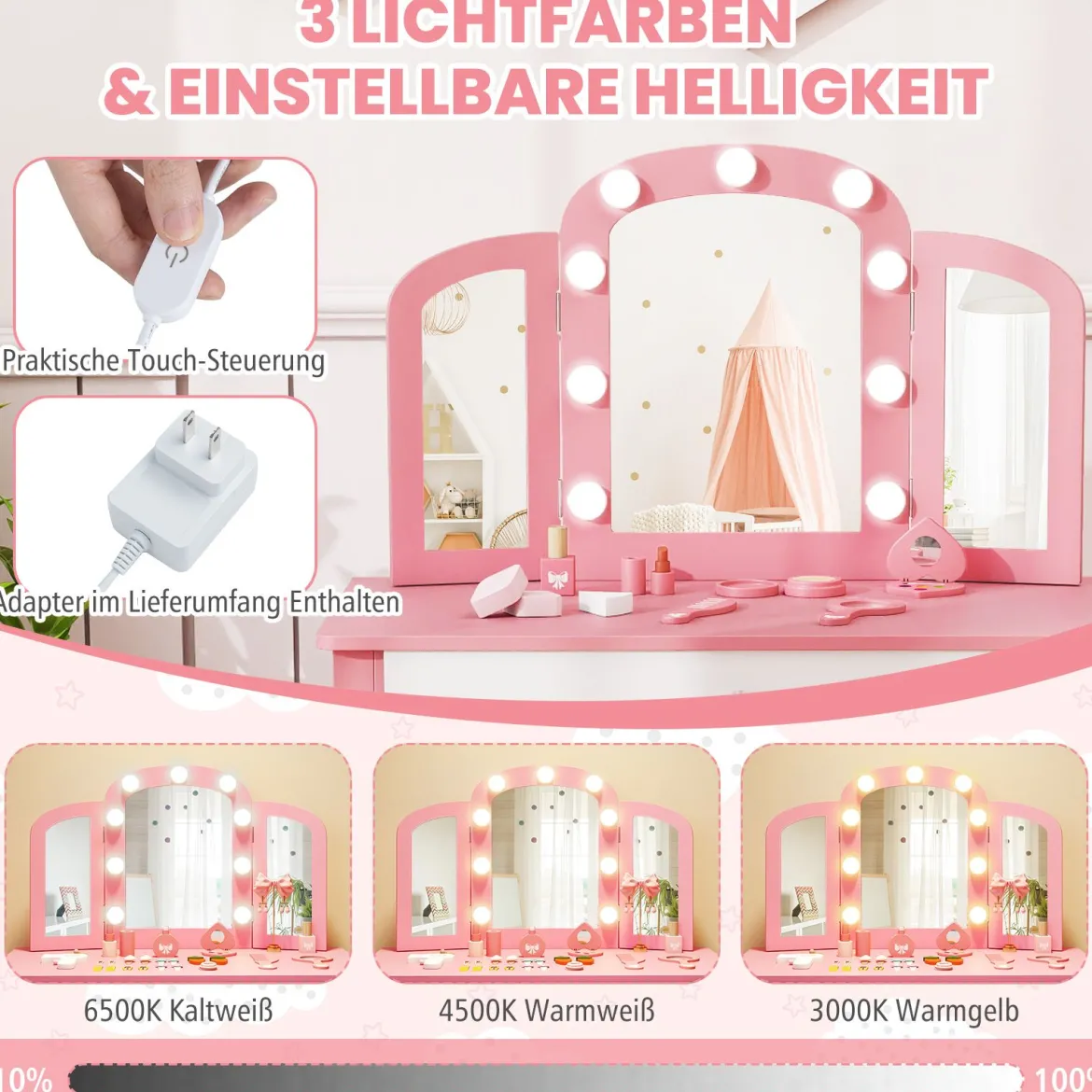 2 in 1 Kinder Schminktisch Set mit Abnehmbarem Spiegel & 3 Lichtfarben Makeup-Tisch Weiß