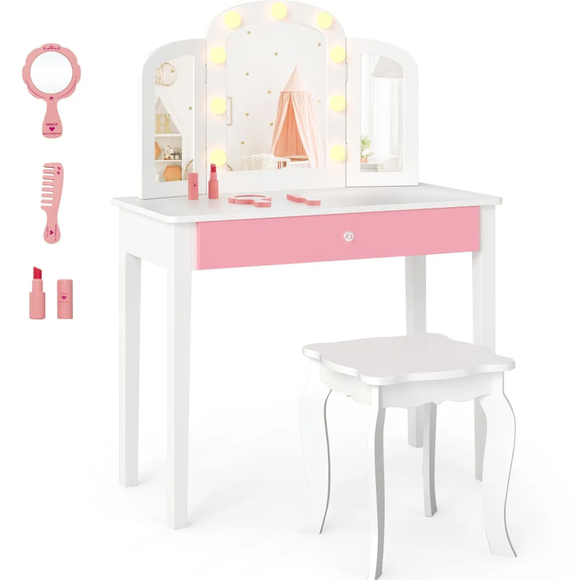 2 in 1 Kinder Schminktisch Set mit Abnehmbarem Spiegel & 3 Lichtfarben Makeup-Tisch Weiß