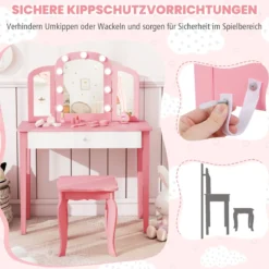 2 in 1 Kinder Schminktisch Set mit Abnehmbarem Spiegel & 3 Lichtfarben Makeup-Tisch Weiß
