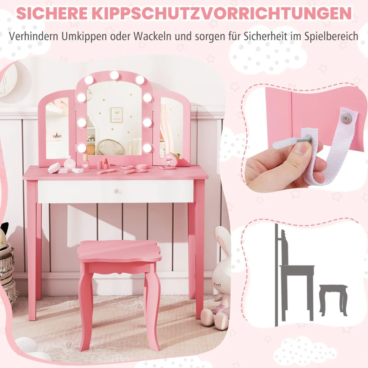 2 in 1 Kinder Schminktisch Set mit Abnehmbarem Spiegel & 3 Lichtfarben Makeup-Tisch Weiß