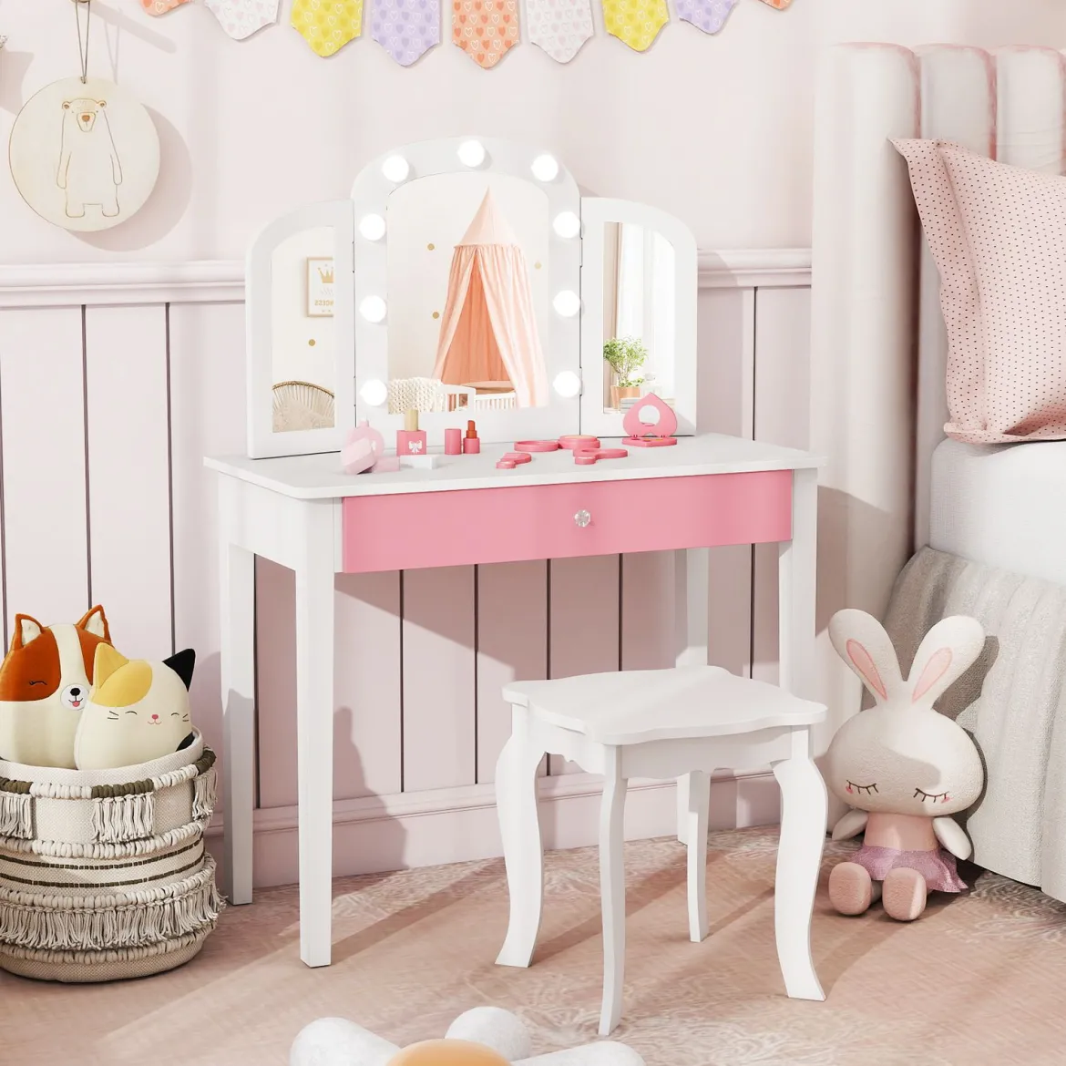 2 in 1 Kinder Schminktisch Set mit Abnehmbarem Spiegel & 3 Lichtfarben Makeup-Tisch Weiß