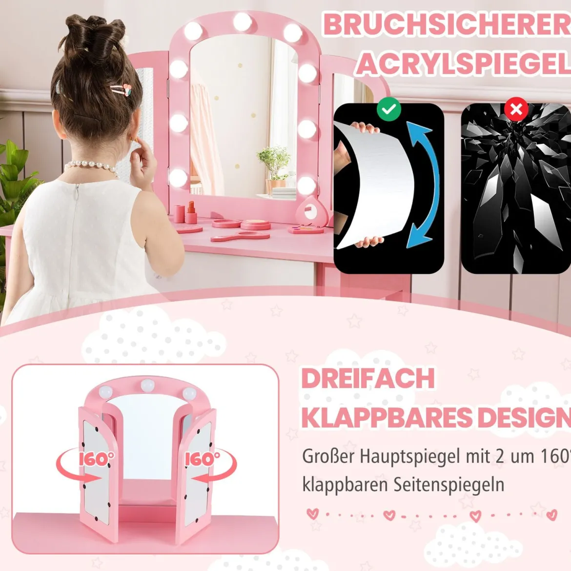 2 in 1 Kinder Schminktisch Set mit Abnehmbarem Spiegel & 3 Lichtfarben Makeup-Tisch Weiß