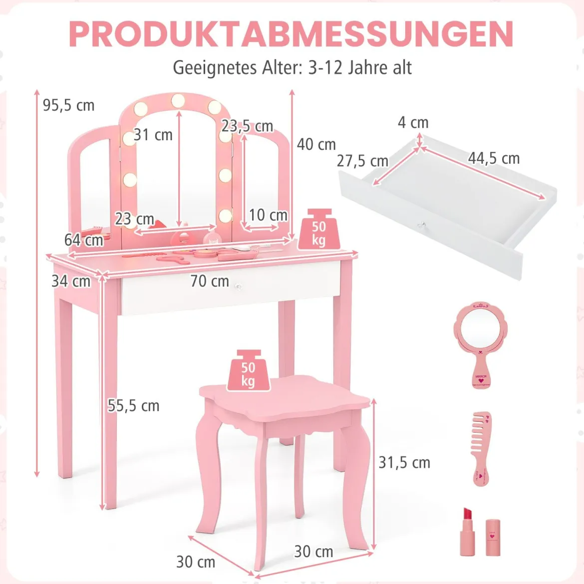 2 in 1 Kinder Schminktisch Set mit Abnehmbarem Spiegel & 3 Lichtfarben Makeup-Tisch Weiß