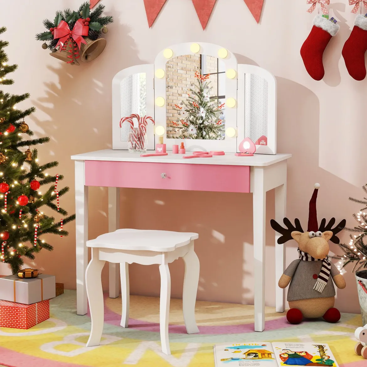 2 in 1 Kinder Schminktisch Set mit Abnehmbarem Spiegel & 3 Lichtfarben Makeup-Tisch Weiß
