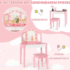 2 in 1 Kinder Schminktisch Set mit Abnehmbarem Spiegel & 3 Lichtfarben Makeup-Tisch Weiß