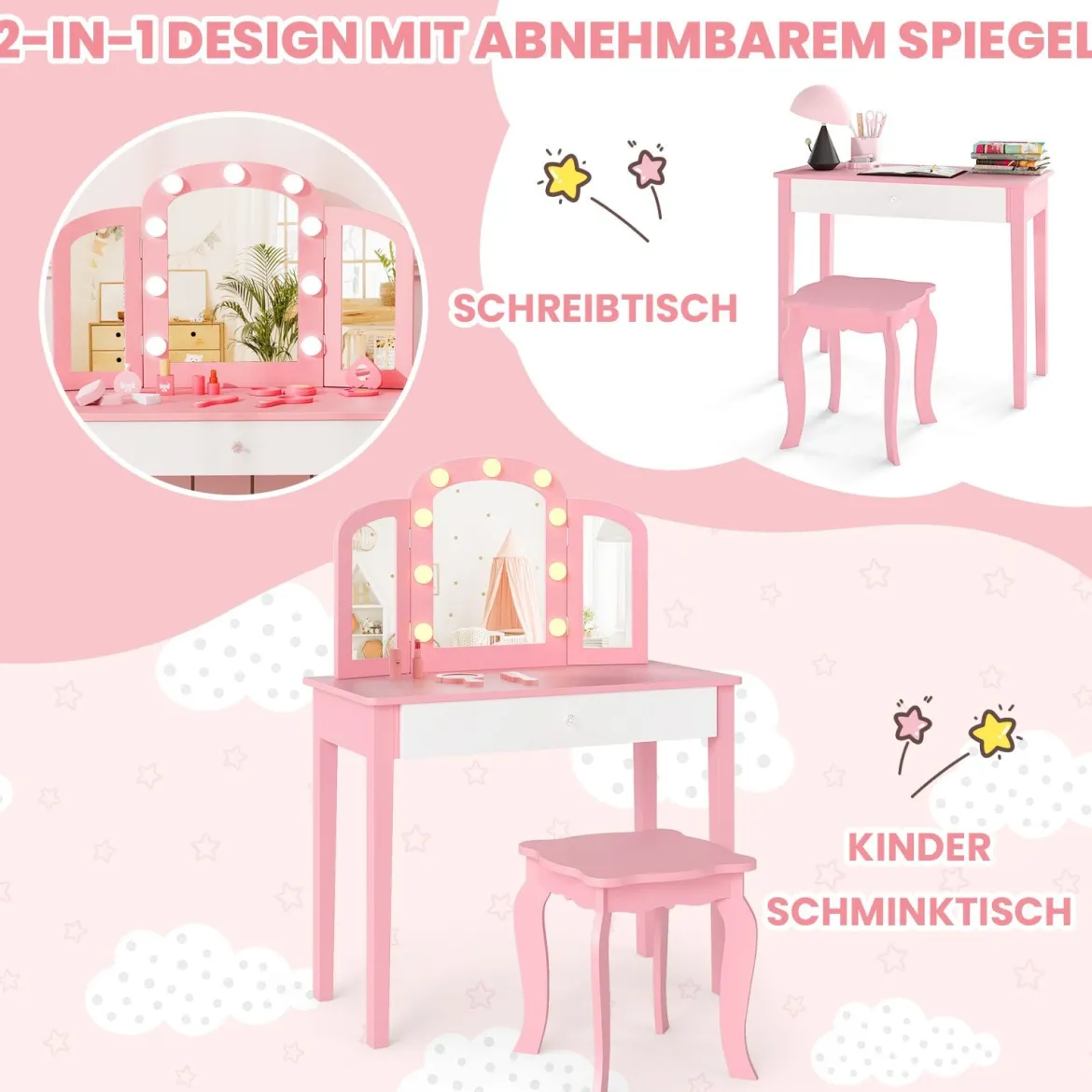 2 in 1 Kinder Schminktisch Set mit Abnehmbarem Spiegel & 3 Lichtfarben Makeup-Tisch Weiß