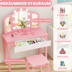 2 in 1 Kinder Schminktisch Set mit Abnehmbarem Spiegel & 3 Lichtfarben Makeup-Tisch Weiß