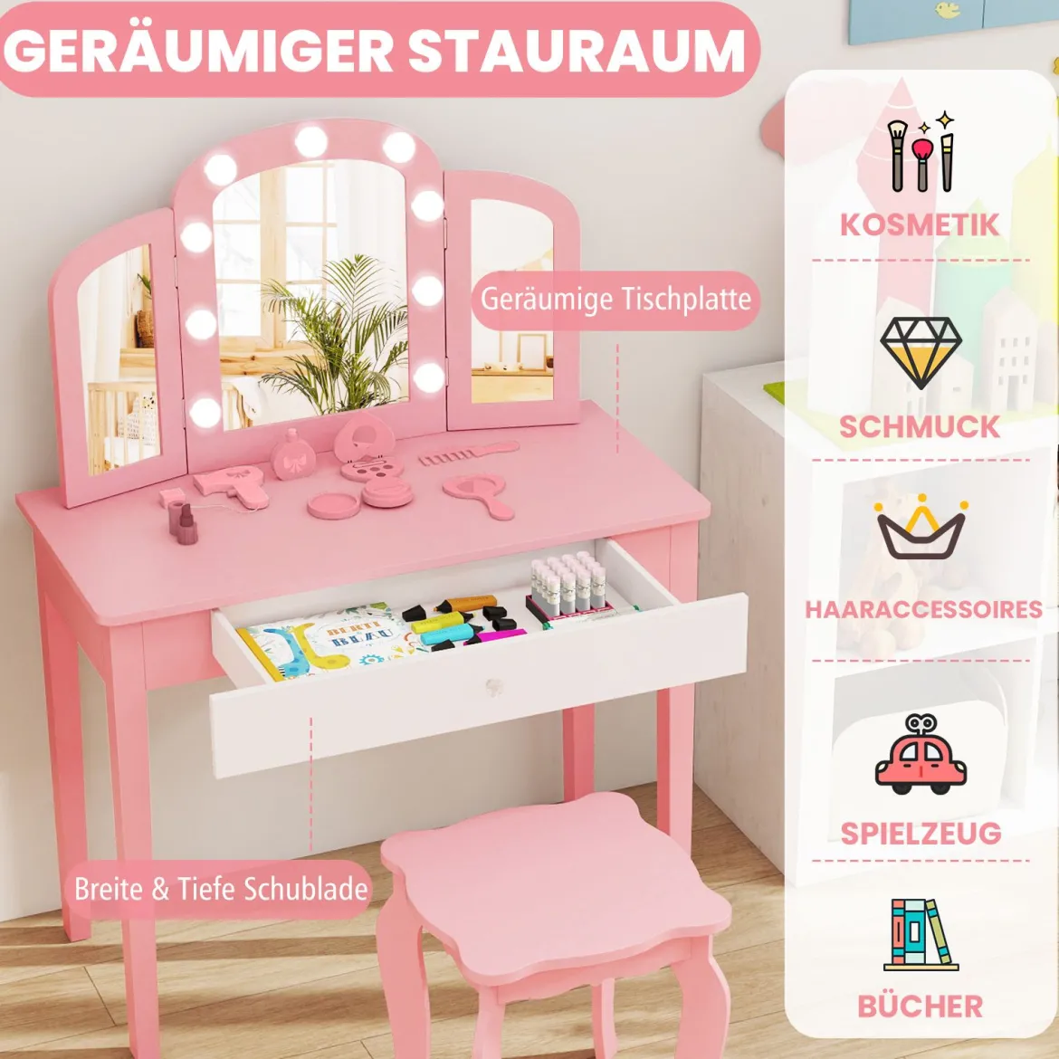 2 in 1 Kinder Schminktisch Set mit Abnehmbarem Spiegel & 3 Lichtfarben Makeup-Tisch Weiß