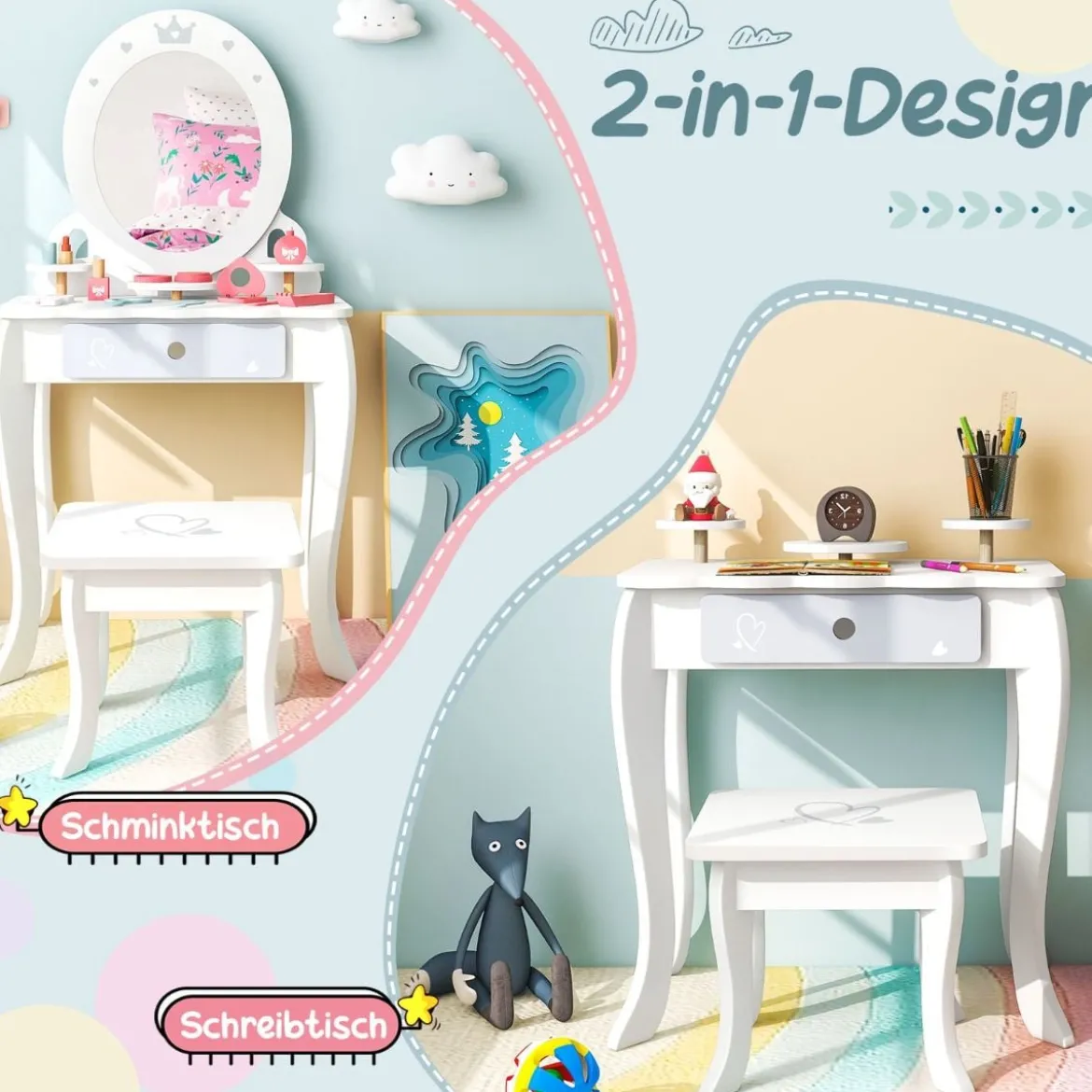 2 in 1 Kinder Schminktisch Set mit Hocker & Abnembarem Spiegel & Schubladen & Zubehören