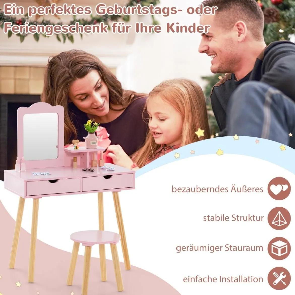 2 in 1 Kinder Schminktisch Set Schreibtisch & Hocker mit Spiegel 70 x 37 x 100 cm Weiß/Rosa
