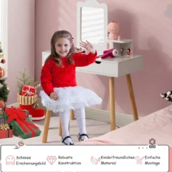 2 in 1 Kinder Schminktisch Set Schreibtisch & Hocker mit Spiegel 70 x 37 x 100 cm Weiß/Rosa