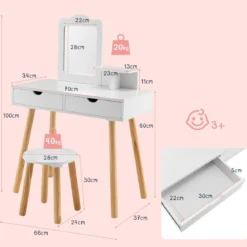 2 in 1 Kinder Schminktisch Set Schreibtisch & Hocker mit Spiegel 70 x 37 x 100 cm Weiß/Rosa