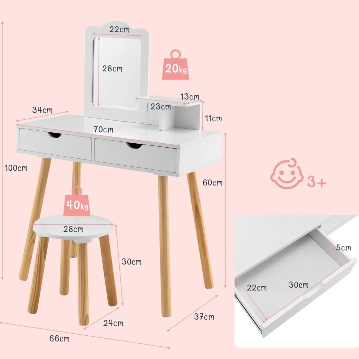 2 in 1 Kinder Schminktisch Set Schreibtisch & Hocker mit Spiegel 70 x 37 x 100 cm Weiß/Rosa