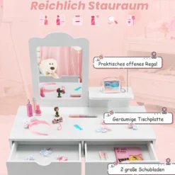 2 in 1 Kinder Schminktisch Set Schreibtisch & Hocker mit Spiegel 70 x 37 x 100 cm Weiß/Rosa