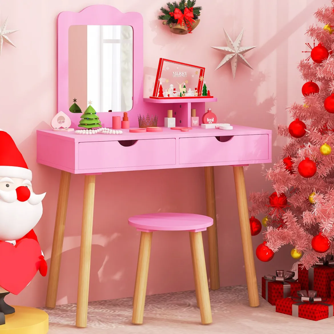2 in 1 Kinder Schminktisch Set Schreibtisch & Hocker mit Spiegel 70 x 37 x 100 cm Weiß/Rosa