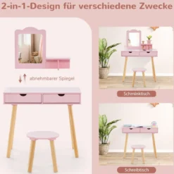 2 in 1 Kinder Schminktisch Set Schreibtisch & Hocker mit Spiegel 70 x 37 x 100 cm Weiß/Rosa