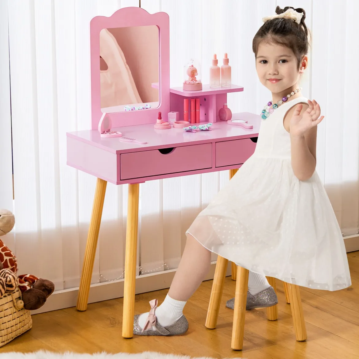 2 in 1 Kinder Schminktisch Set Schreibtisch & Hocker mit Spiegel 70 x 37 x 100 cm Weiß/Rosa