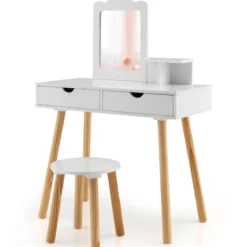 2 in 1 Kinder Schminktisch Set Schreibtisch & Hocker mit Spiegel 70 x 37 x 100 cm Weiß/Rosa