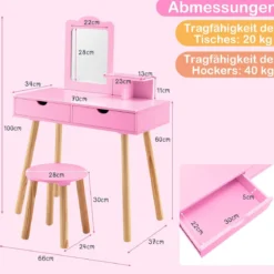 2 in 1 Kinder Schminktisch Set Schreibtisch & Hocker mit Spiegel 70 x 37 x 100 cm Weiß/Rosa