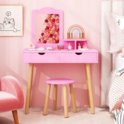 2 in 1 Kinder Schminktisch Set Schreibtisch & Hocker mit Spiegel 70 x 37 x 100 cm Weiß/Rosa