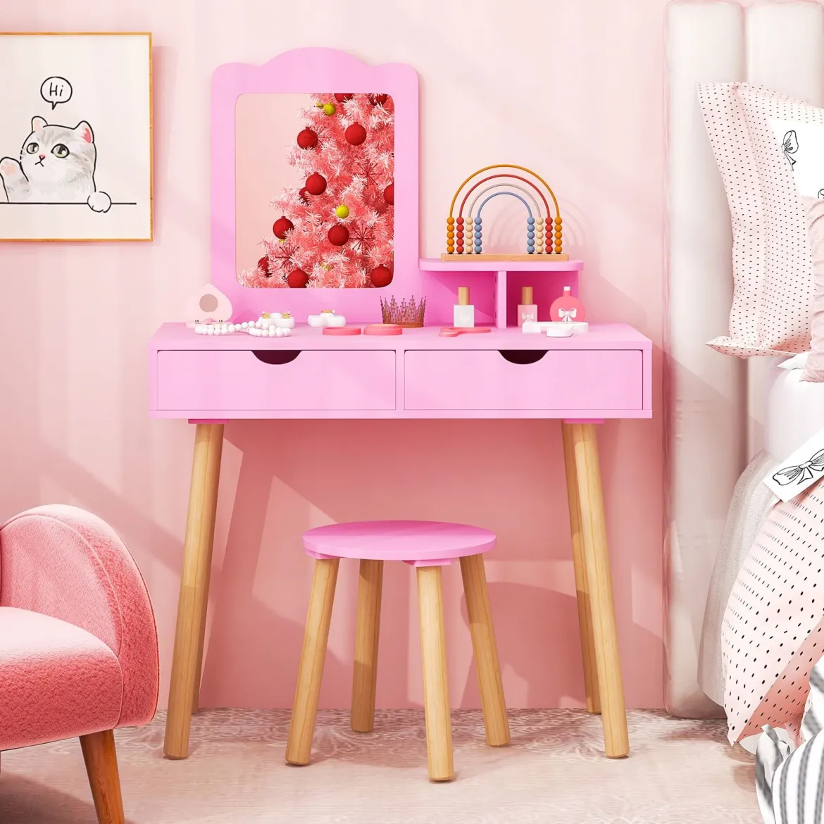 2 in 1 Kinder Schminktisch Set Schreibtisch & Hocker mit Spiegel 70 x 37 x 100 cm Weiß/Rosa