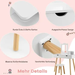 2 in 1 Kinder Schminktisch Set Schreibtisch & Hocker mit Spiegel 70 x 37 x 100 cm Weiß/Rosa