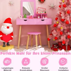 2 in 1 Kinder Schminktisch Set Schreibtisch & Hocker mit Spiegel 70 x 37 x 100 cm Weiß/Rosa