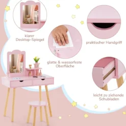 2 in 1 Kinder Schminktisch Set Schreibtisch & Hocker mit Spiegel 70 x 37 x 100 cm Weiß/Rosa